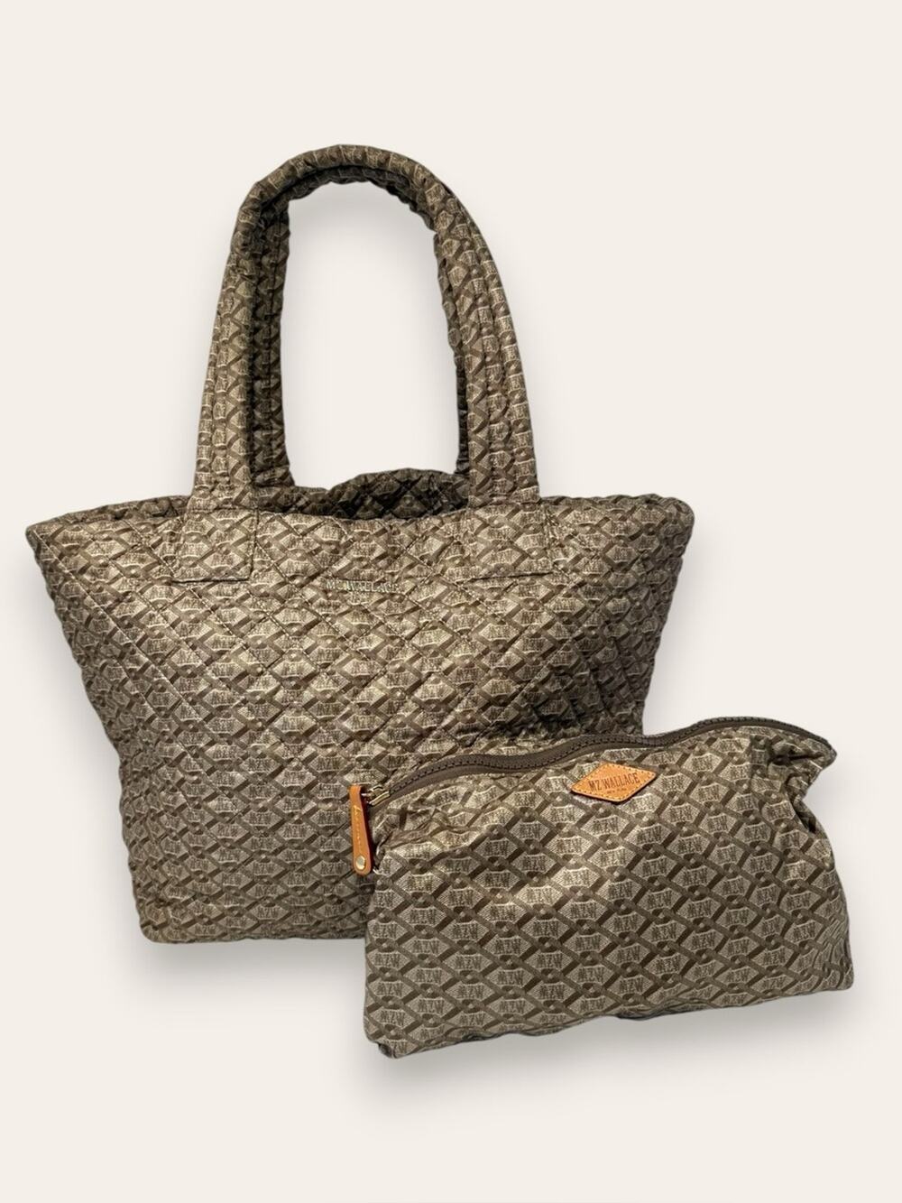 MZ Wallace Medium Metro Quilted Travel Tote Bag Monogram Basket Weave Neutral